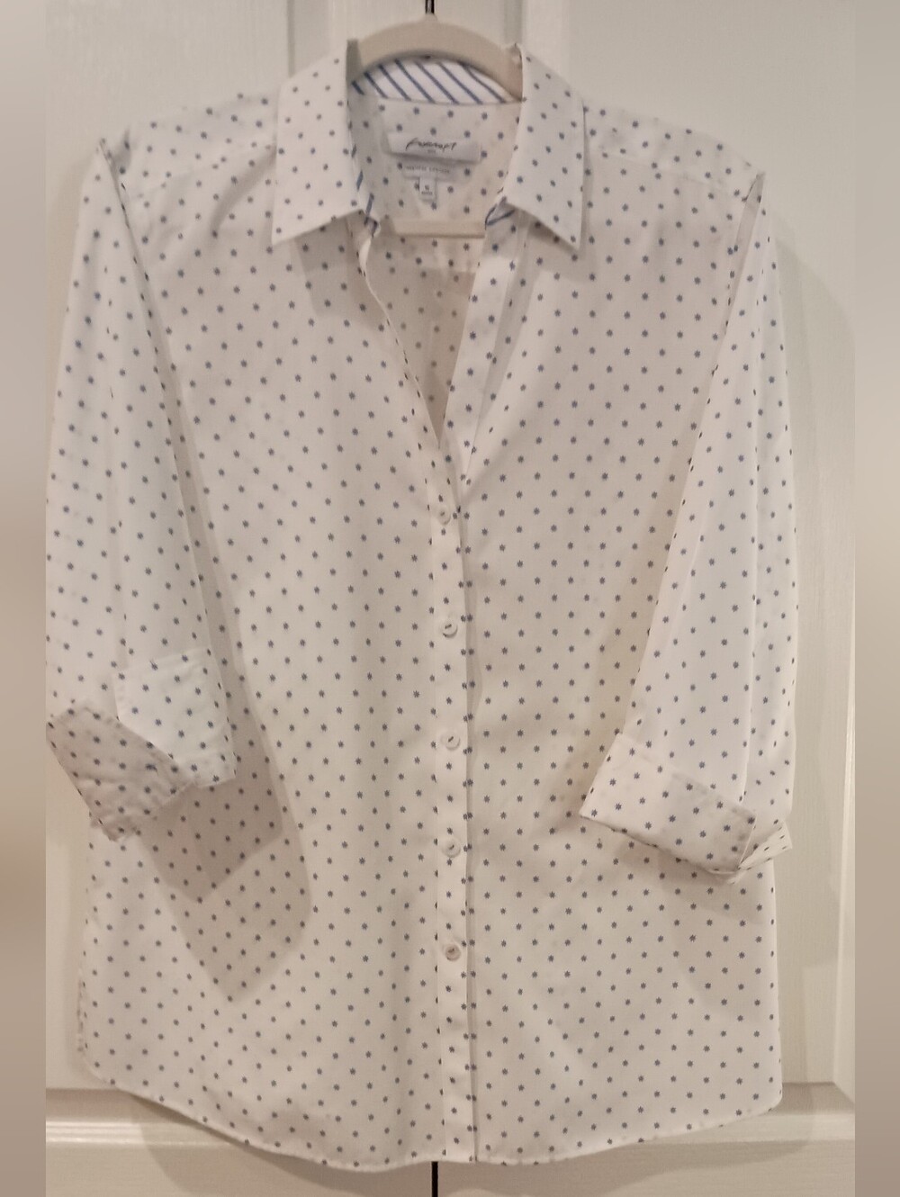 Foxcroft White Button-Down Shirt with Blue Dot Print
